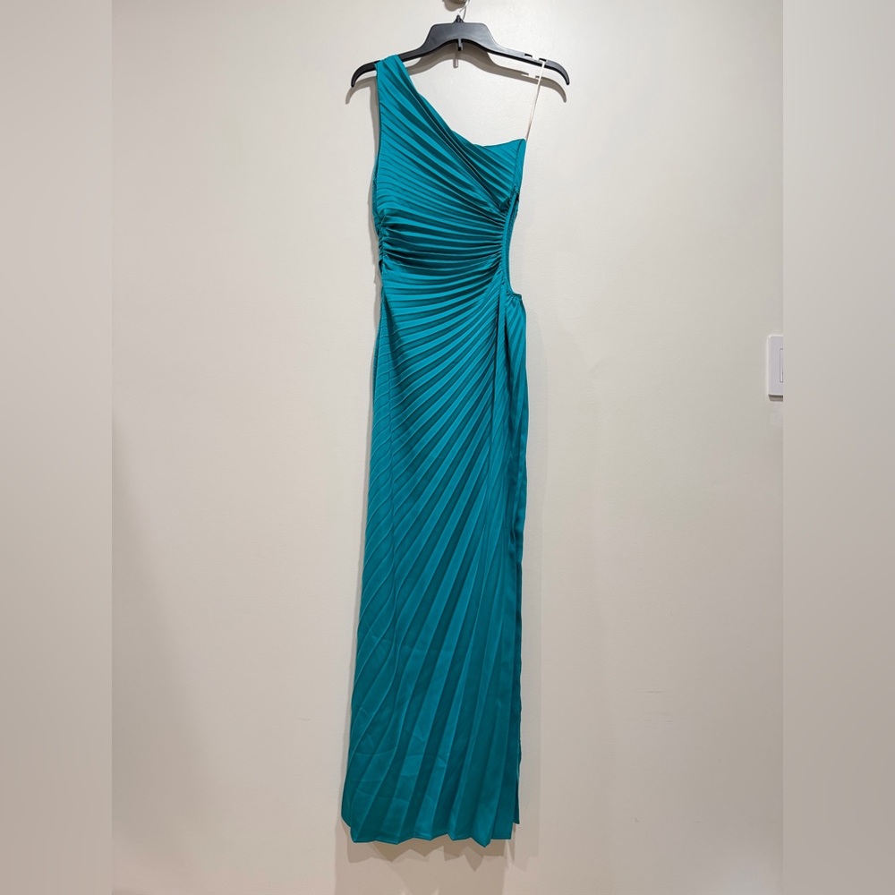 NEW Delfi Collective Solie Pleated One-Shoulder Cutout Sheath Gown Turquoise, XS